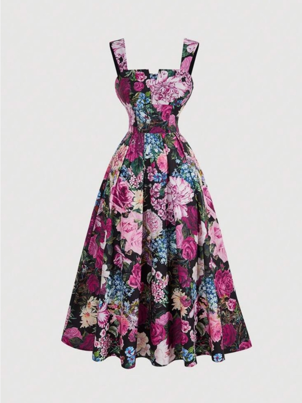 Floral Fit-and-Flare Dress in Pink and Black